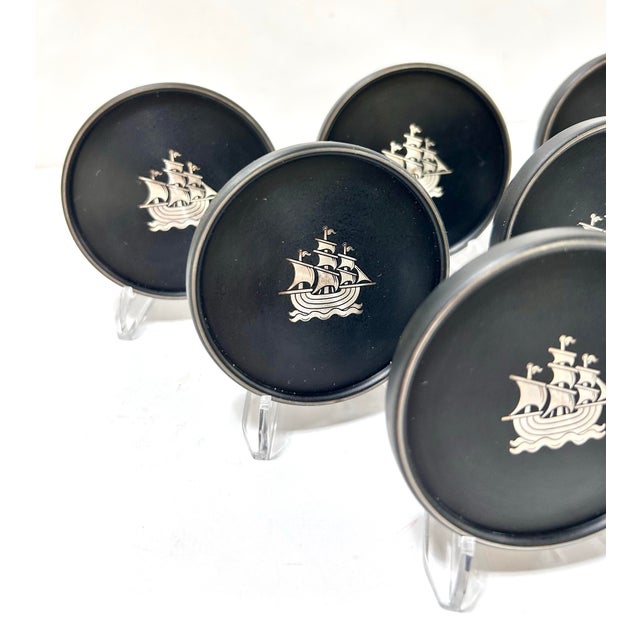 Mid-Century Modern Vintage Nautical Silver Ship Coasters – Swedish Lerstorp Black Bakelite/Isolite Scandinavian Barware - Set of 6 For Sale - Image 3 of 9