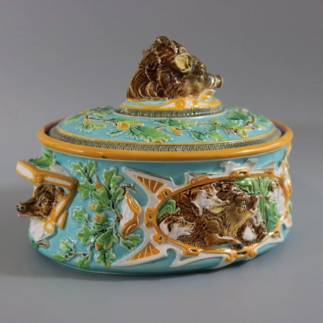 Turquoise 19th Century George Jones Majolica Wild Boar Game Pie Dish For Sale - Image 8 of 13