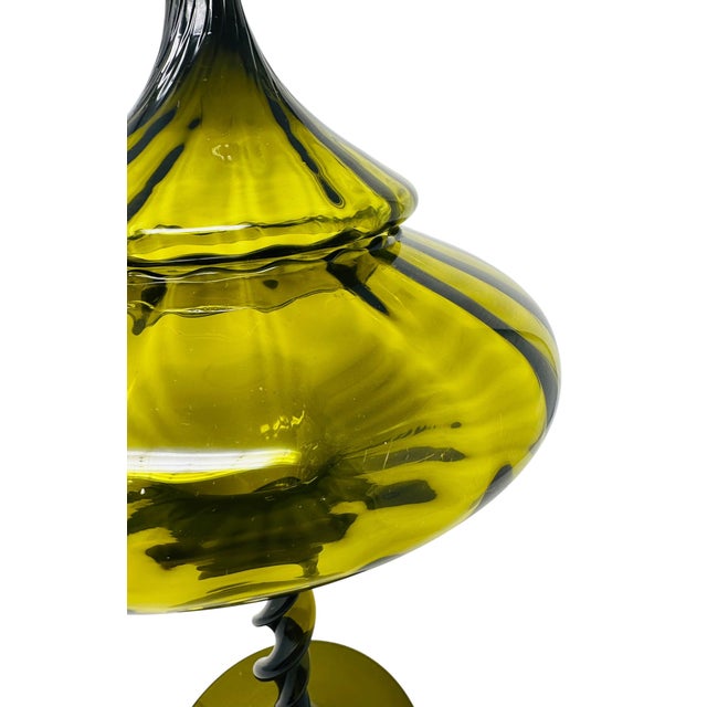 Empoli Vintage 1960s Large Italian Empoli Olive Green Glass Circus Tent Lidded Compote For Sale - Image 4 of 13