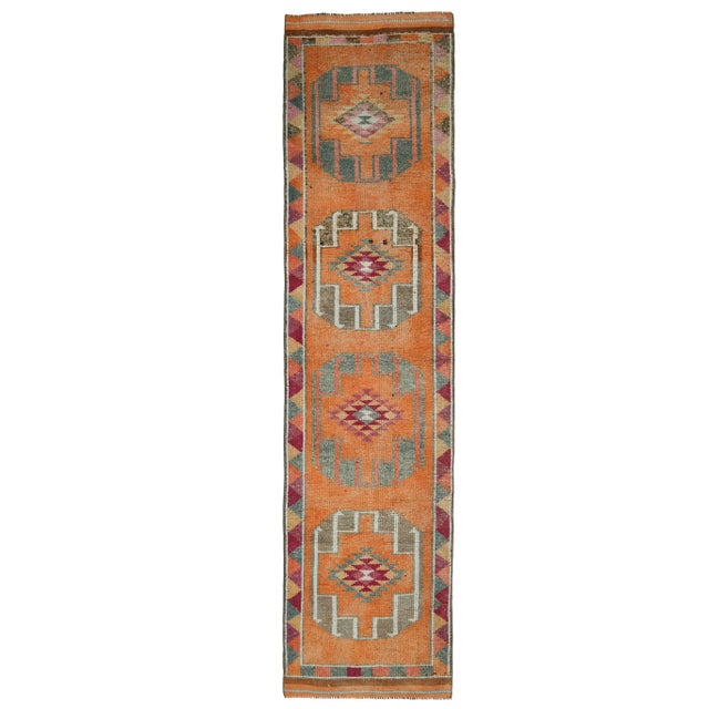 1970s Vintage Turkish Hand-Knotted Wool Cotton Orange Runner Rug For Sale - Image 11 of 11