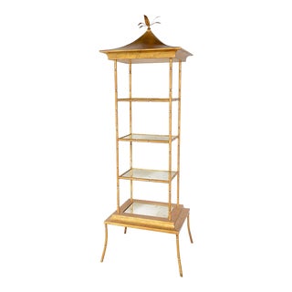 Baker Gilded Bamboo Pagoda Four Tier Mirrored Distressed Bronze Etagere For Sale