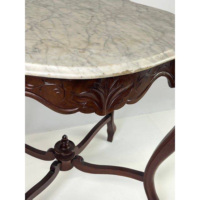 Wood Late 19th Century Victorian Rococo Revival Carved Walnut & Marble Top Parlor Table For Sale - Image 7 of 15