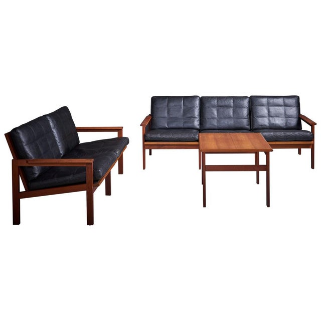 Black Leather Sofas & Side Table from Illum Wikkelso Capella, Denmark, 1960s, Set of 3 For Sale - Image 17 of 17