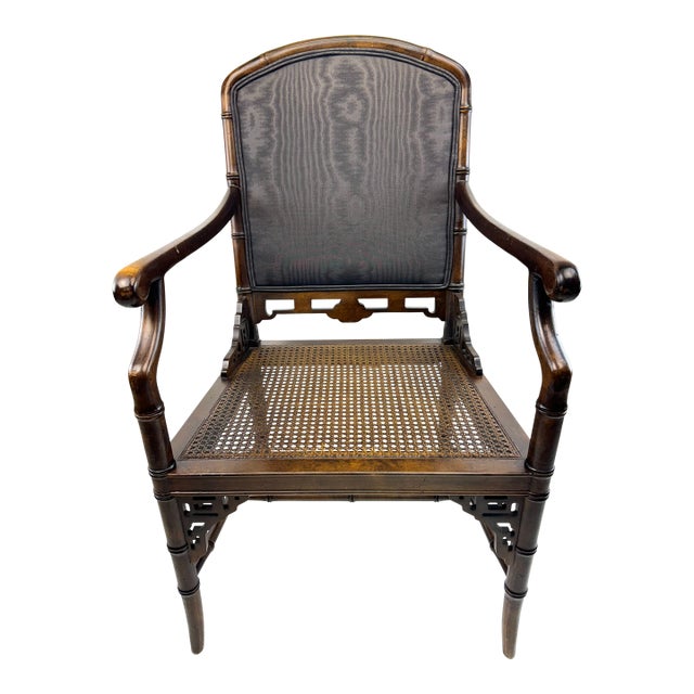 1960s Chinoiserie Faux Bamboo Armchair With Cane Seat and Upholstered Back Panel For Sale