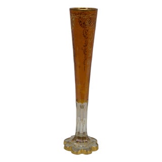Antique Moser Bohemian Czech Amber Cut to Clear Crystal Trumpet Vase 14" For Sale