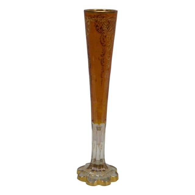 Antique Moser Bohemian Czech Amber Cut to Clear Crystal Trumpet Vase 14" For Sale