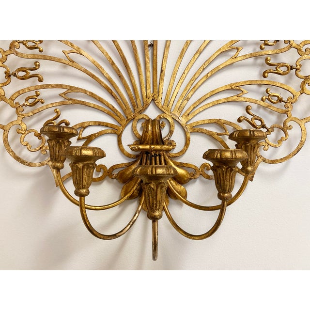 Metal Vintage Grand Gilt Fan Wall Candle Candelabras, Pair For Sale - Image 7 of 9