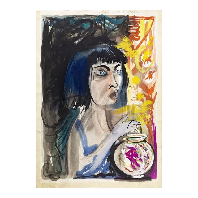 Woman With Fish - Original China Ink and Watercolor Drawing - 1980s 1980s For Sale