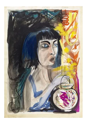 Woman With Fish - Original China Ink and Watercolor Drawing - 1980s 1980s