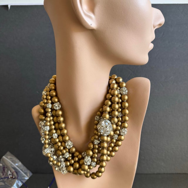 Metal Vintage Multi-Strand Beaded Necklace Chunky Statement Cocktail Gold Rhinestone For Sale - Image 7 of 10