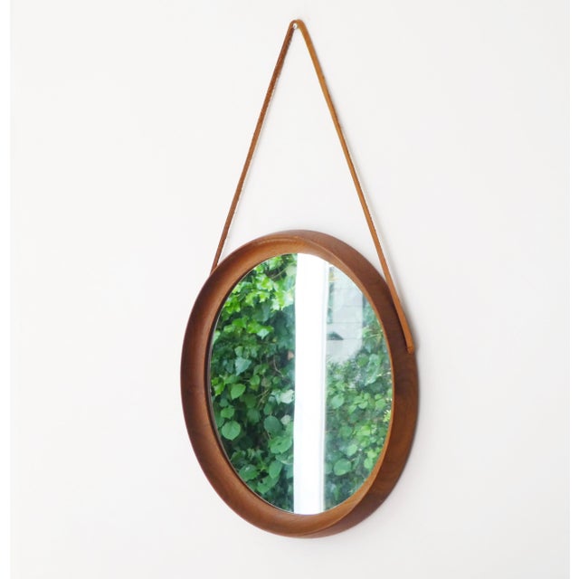 Brown Mid-Century Scandinavian Modern Round Teak Mirror with Leather Cord, Denmark For Sale - Image 8 of 10