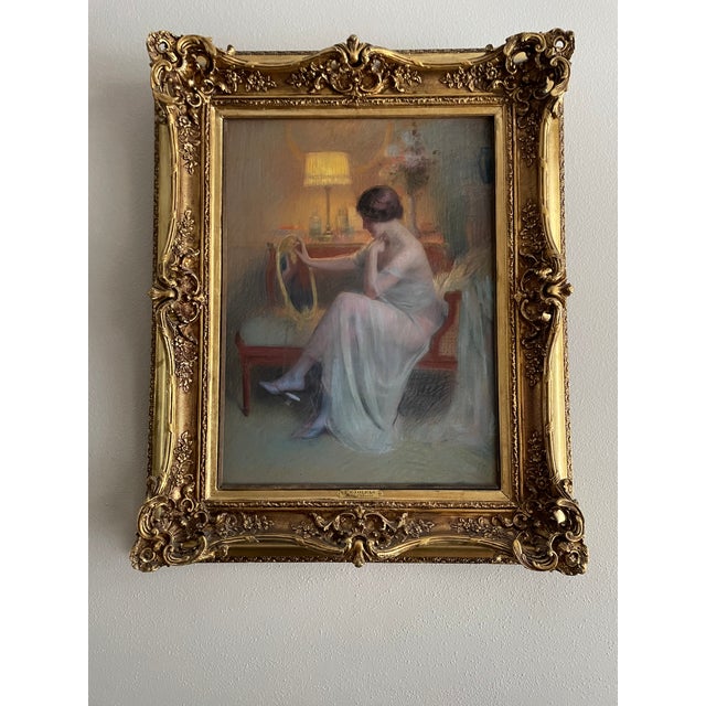 Traditional Vintage Oil on Canvas – "Pour L’Absent" – In the Style of Delphin Enjolras – Romantic Lady in Interior – Ornate Gilt Frame For Sale - Image 3 of 5