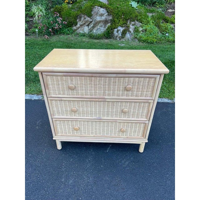 Mid-Century Modern Petite Three Drawer Chest, Wicker and Wood, Bohemian Style, 1980s For Sale - Image 3 of 18