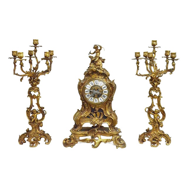Louis XV Style Fireplace Trim in Gilded Bronze, Set of 3 For Sale