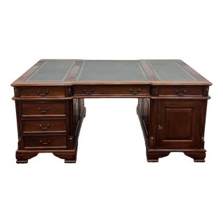 English Partner Desk with Green Leather For Sale
