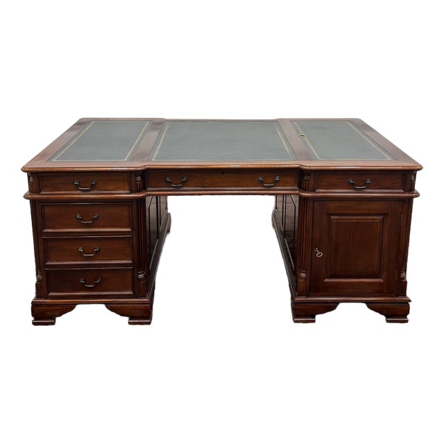 English Partner Desk with Green Leather For Sale