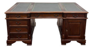 English Partner Desk with Green Leather