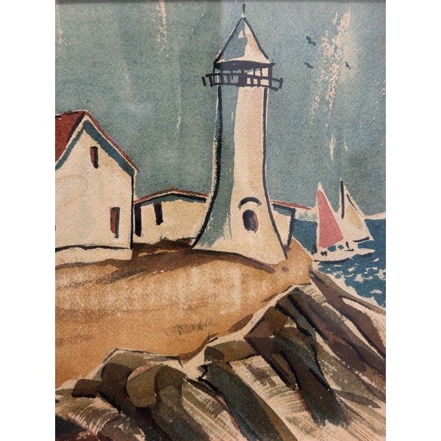 1970s Watercolor Painting of a Lighthouse Overlooking Sailboats in a Wood Frame For Sale In Nashville - Image 6 of 10