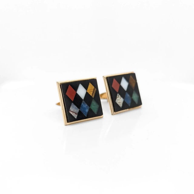 Vintage American Swank Square Brass & Inlaid Stone Cufflinks For Sale In Philadelphia - Image 6 of 12