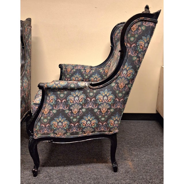 Early 20th Century Pr. Of Antique Rococo Style Paint and Hand Carved Upholstered Wingback Chairs - Set of 2 For Sale - Image 4 of 12