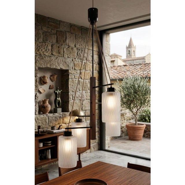 1970s 1970s Mid-Century Modern Stilnovo Chandelier With Frosted Textured Glass and Teak Accents For Sale - Image 5 of 5