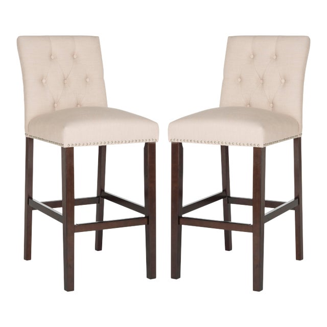 Tufted Barstool in Beige & Espresso - a Pair For Sale