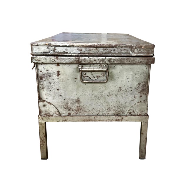 Restoration Hardware Early 20th Century Industrial Metal Trunk Chest on Stand With Patina Finish For Sale - Image 4 of 18
