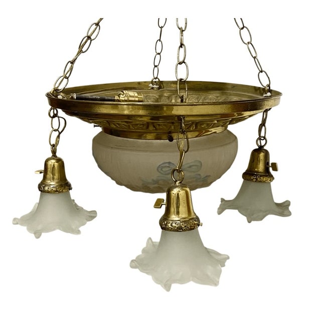 French Antique French Style Hand Painted Floral Glass 4 Arm Pendant Light Chandelier For Sale - Image 3 of 11