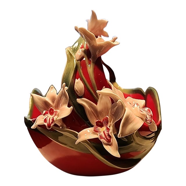 Stunning Rare Franz Collection "Orchid" Sculptural Porcelain Basket – Fz01649 For Sale