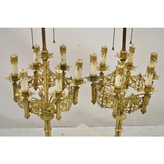 Antique Gothic Revival Gold Bronze Figural Candelabra Table Lamps - A Pair For Sale - Image 10 of 11