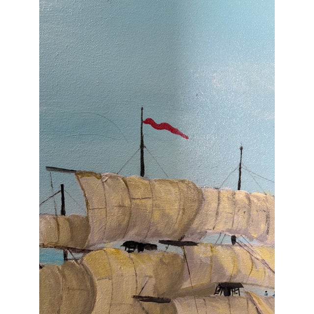 2018 Signed "Brennan" Folk Art Maritime Sailing Ship Painting in Ornate Frame For Sale - Image 13 of 17