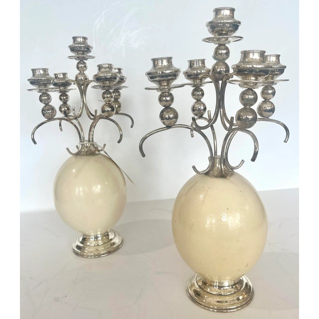 Great looking Pair Ostrich Eggs & Silver Plate Candelabras, Attributed to Anthony Redmile. This pair is for 5 candles...