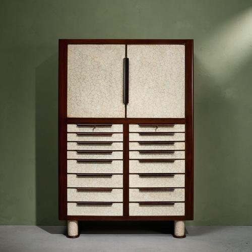 Eggshell, Walnut, Glass and Brass Height: 183 cm / 72.2 in Width: 125 cm / 49.2 in Depth: 41.5 cm / 16.3 in This early and...