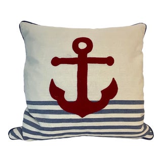 Coastal Nautical Cotton Linen Anchor Pillow, Down Feather Insert. For Sale