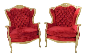 Louis XV Carved Cream & Red Tufted Velvet Wing Chairs - a Pair