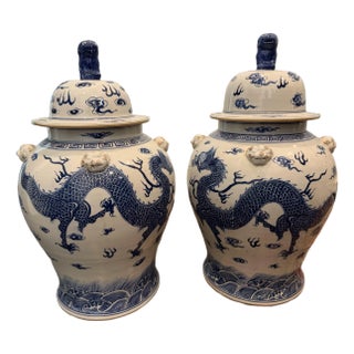 Danny’s Fine Porcelain Blue and White Hand-Painted Porcelain Dragon Temple Jars - A Pair For Sale