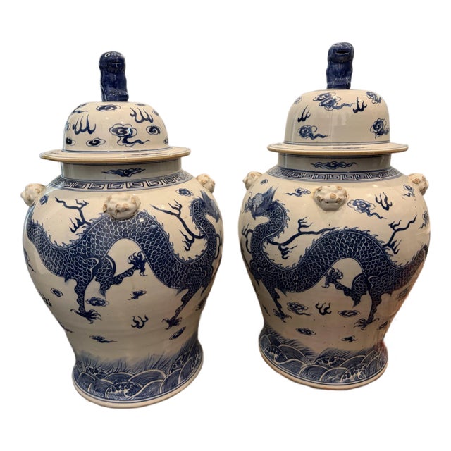 Danny’s Fine Porcelain Blue and White Hand-Painted Porcelain Dragon Temple Jars - A Pair For Sale
