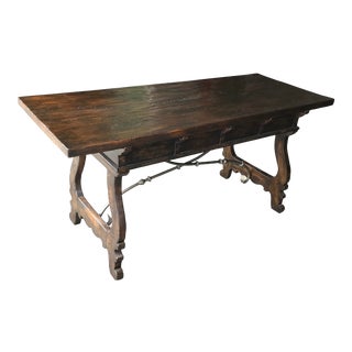 Spanish Mission Walnut Fratino Table With Drawers and Iron Stretchers by Collections Reproductions For Sale
