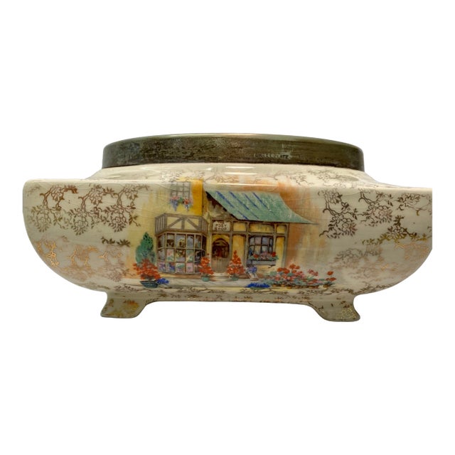 Antique Sandland Ware Rose Bowl With Silver Plate Rim Made in England For Sale