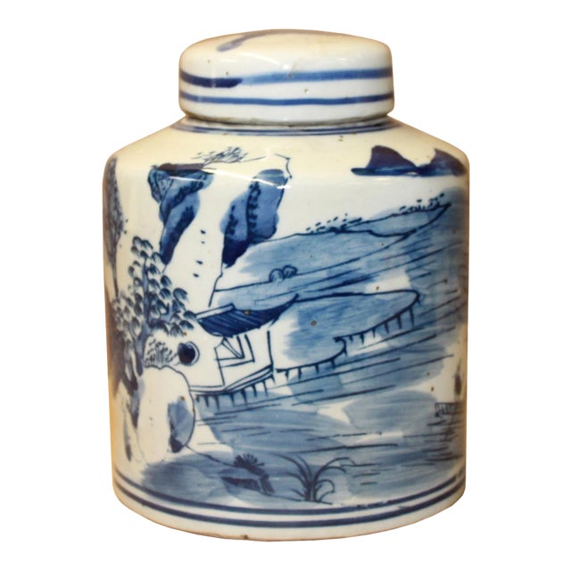 Chinese Blue White Ceramic Oriental Scenery Graphic Container Urn Jar For Sale