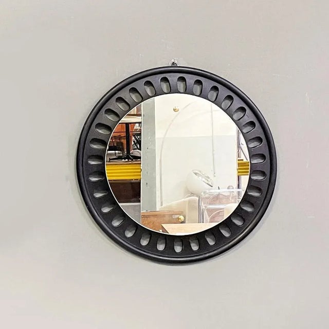 Italian Round Wall Mirror in Black Wood, 1950s For Sale - Image 4 of 12