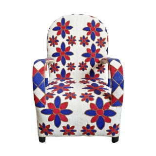 Blue, Red, & White Vintage Yoruba Beaded Chair For Sale