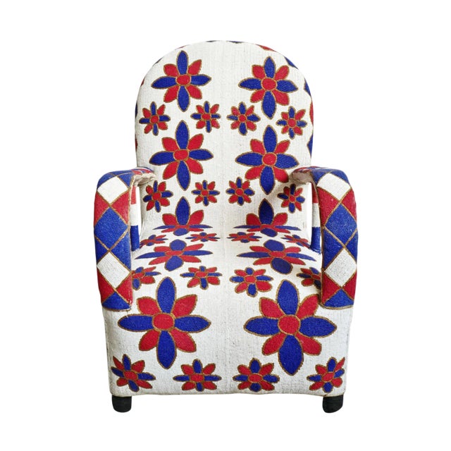 Blue, Red, & White Vintage Yoruba Beaded Chair For Sale