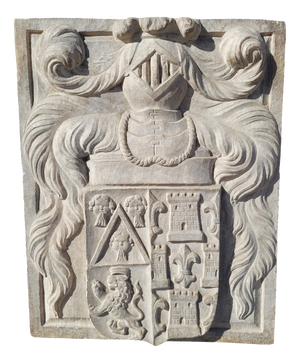 17th Century Carved Marble Coat of Arms with Various Heraldic Symbols
