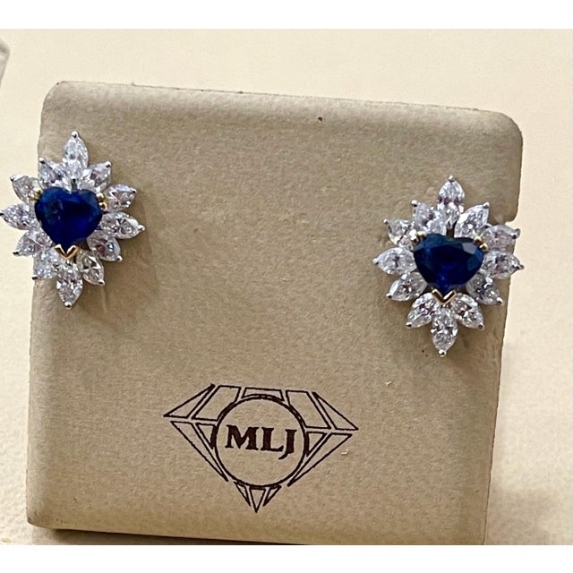 GIA Certified Ceylon Heart Shape Sapphire & 3.5 Carat Diamond Stud Earring 18KG For Sale - Image 12 of 18