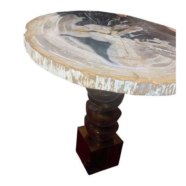 Wood Pair Modern Petrified Wood Side Tables W/ Sculptural Metal Bases. Late 20th C. For Sale - Image 7 of 12