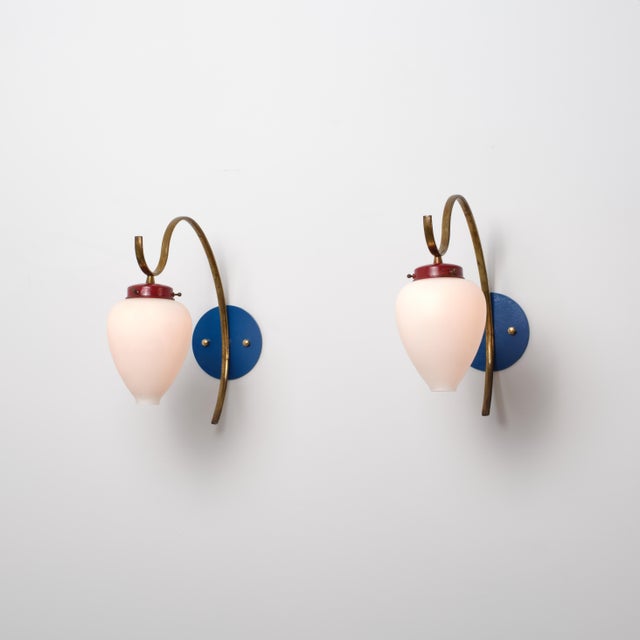 Italian Brass, Blue and Red Metal and Opaline Glass Sconces, 1950s, Set of 2 For Sale - Image 6 of 8
