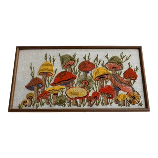 1970s Embroidered Mushrooms Faux Bamboo Framed Textile Art For Sale