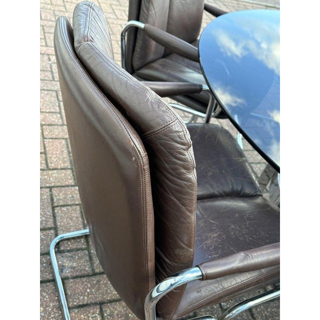 Chrome Table & Brown Leather & Chrome Pieff Chairs by Richard Young for Merrow, Set of 7 For Sale - Image 15 of 18