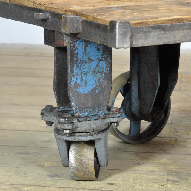 Blue Industrial Iron and Pine Coffee Table, 1960s For Sale - Image 8 of 12